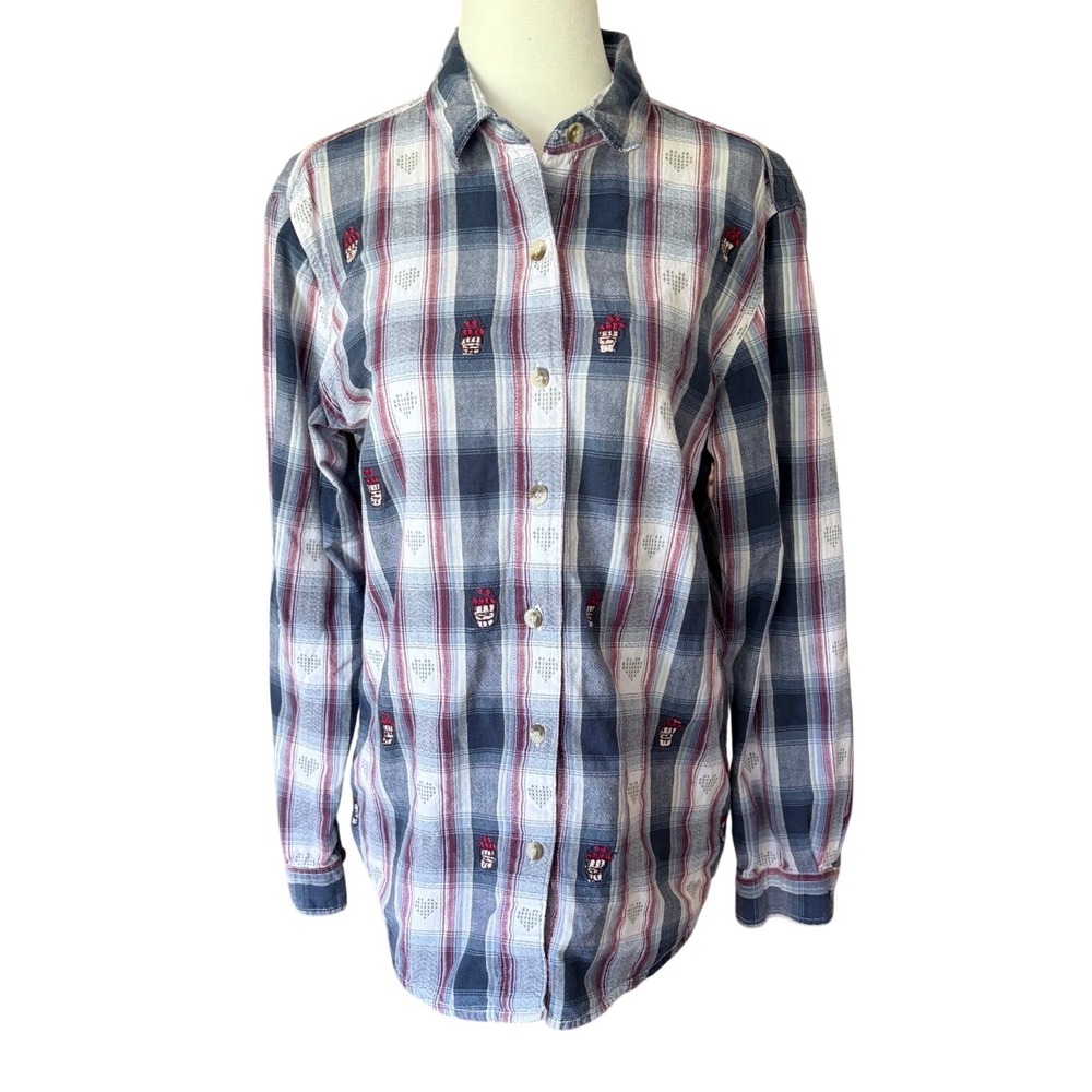 Vintage GrandmaCore Cotton Plaid Embroidered Hearts Floral Basket Button Down